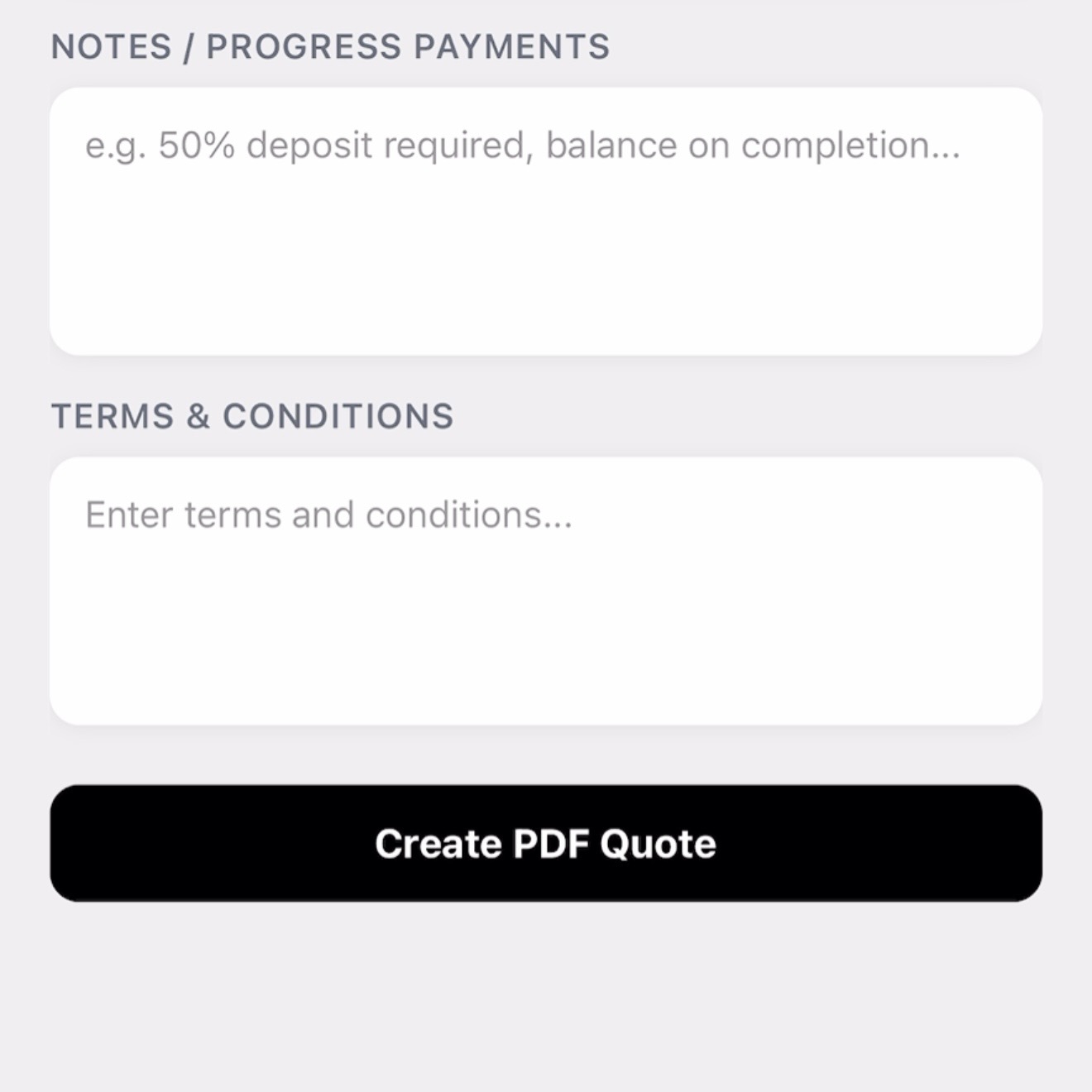 AI quoting tool final PDF quote — professionally formatted trade quote ready to send to the client from Insta Quote AI