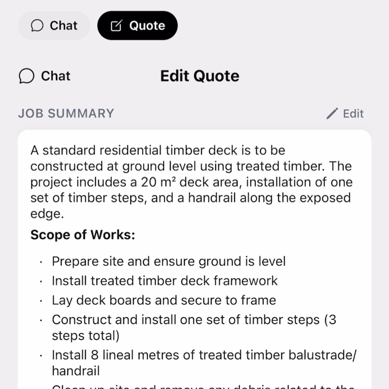 AI quoting tool review and refine step — adjust line items and pricing in the Insta Quote AI editor